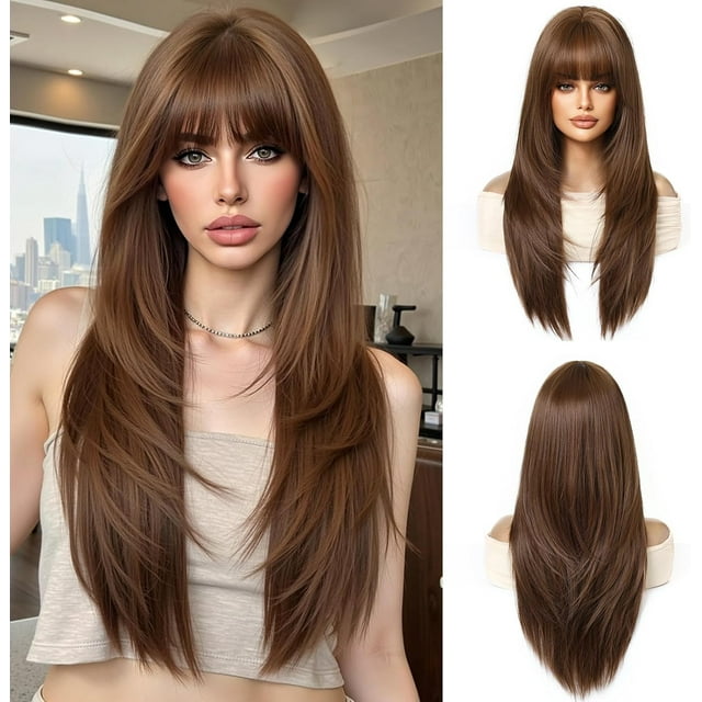 Yanonmyfd Black Wigs for Women Long Wig with Bangs Natural Straight Wigs Synthetic Hair Heat Resistant Wigs for Daily Party Cosplay Wear