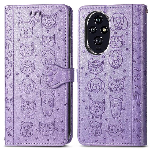 Funda Cartera FOXDOCK para Honor 200 , Flip PU con Relieve de Gatos y Perros, Tarjetero y Soporte