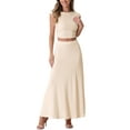 thumbnail image 2 of INSPIRE CHIC Two Piece Skirt Set Crew Neck Short Sleeve Cropped Top Elastic Waist A-Line Midi Skirt, 2 of 5