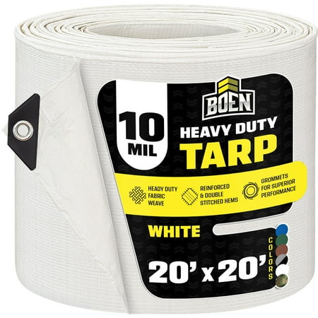 20 ft. x 20 ft. Heavy-Duty Commercial White Tarp Cover 10 Mil Thick Weave Material, Waterproof