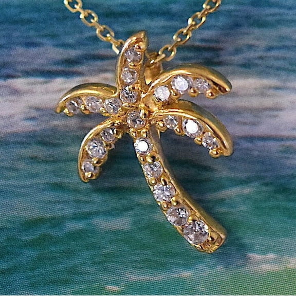 Beautiful Hawaiian Palm Tree Necklace, Sterling Silver Yellow-Gold Plated Palm Tree CZ Pendant, N2064 Birthday Wife Mom Valentine Gift