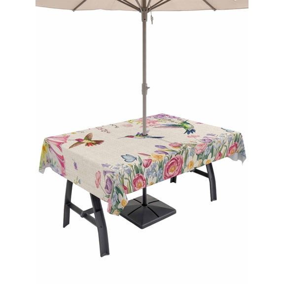 Outdoor Tablecloths with Umbrella Hole & Zipper, Watercolor Flowers 60 x102 Inch Rectangle Tablecloths, Spring Hummingbird Butterflly Floral Beige Waterproof Table Cloth, Patio/Pool Table Covers
