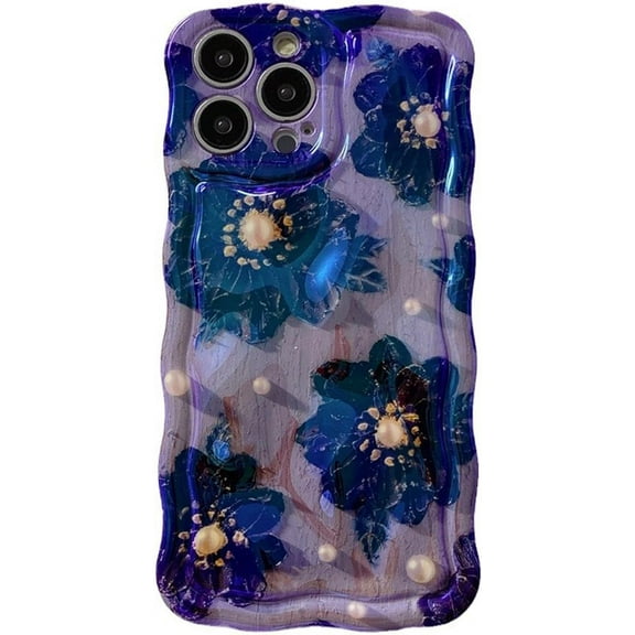 for iPhone 11 Pro Max Case, Colorful Retro Oil Painting Printed Flower Phone Case for Girls Women, TPU Cute Curly Wave Edge Durable Protective Phone Cover, Black Purple Flowers