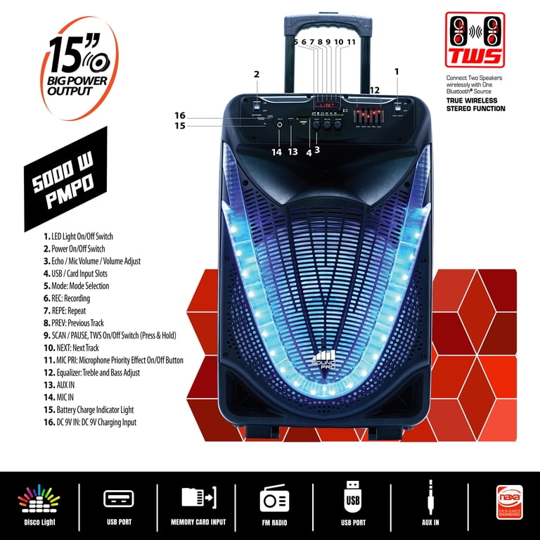 Naxa NDS-1533 15-Inch Bluetooth Portable Party System with Disco