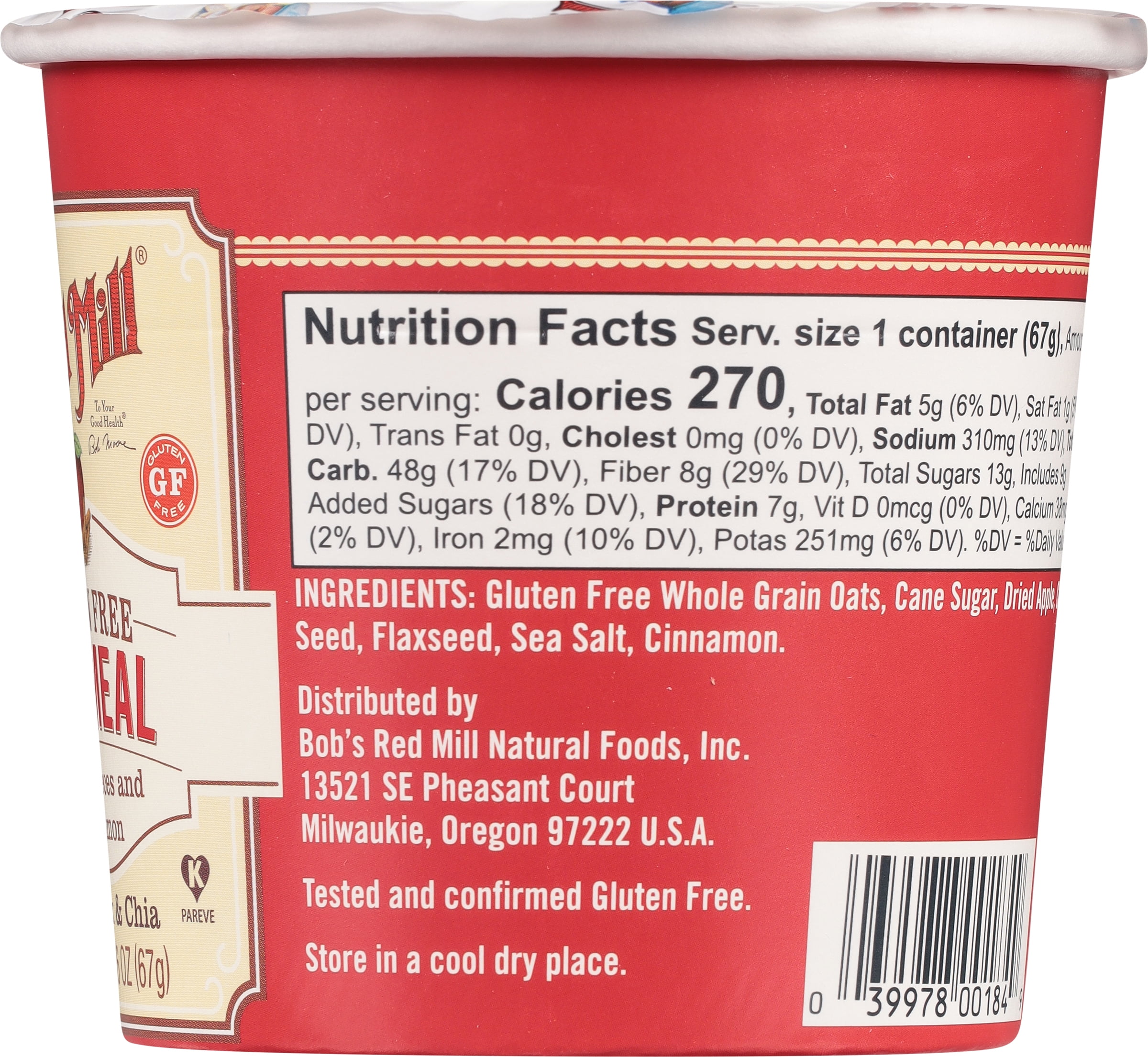 (5 pack) Bob's Red Mill Non-GMO Gluten Free Apple Pieces and Cinnamon Oatmeal with Flax & Chia 2.36 oz Microwavable Cup