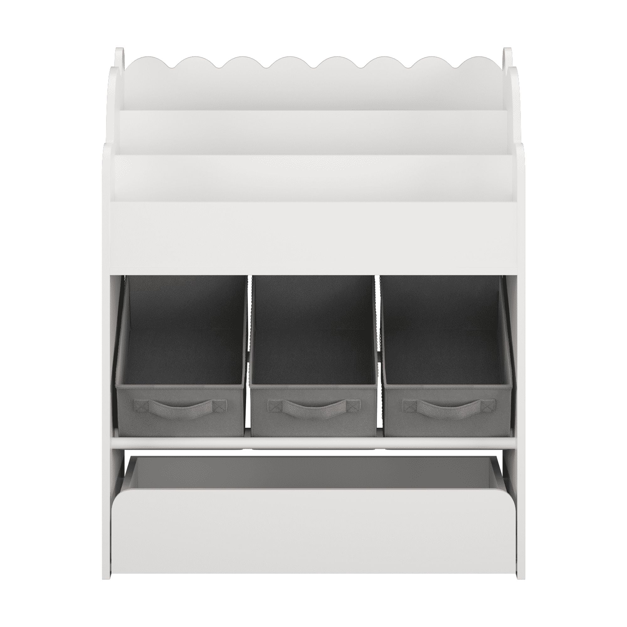 Kids Bookshelf with Storage Bins and Drawer, Multi-Functional Wooden Book Organizer for Toddlers, White Bookcase for Toys, Books and Nursery Room