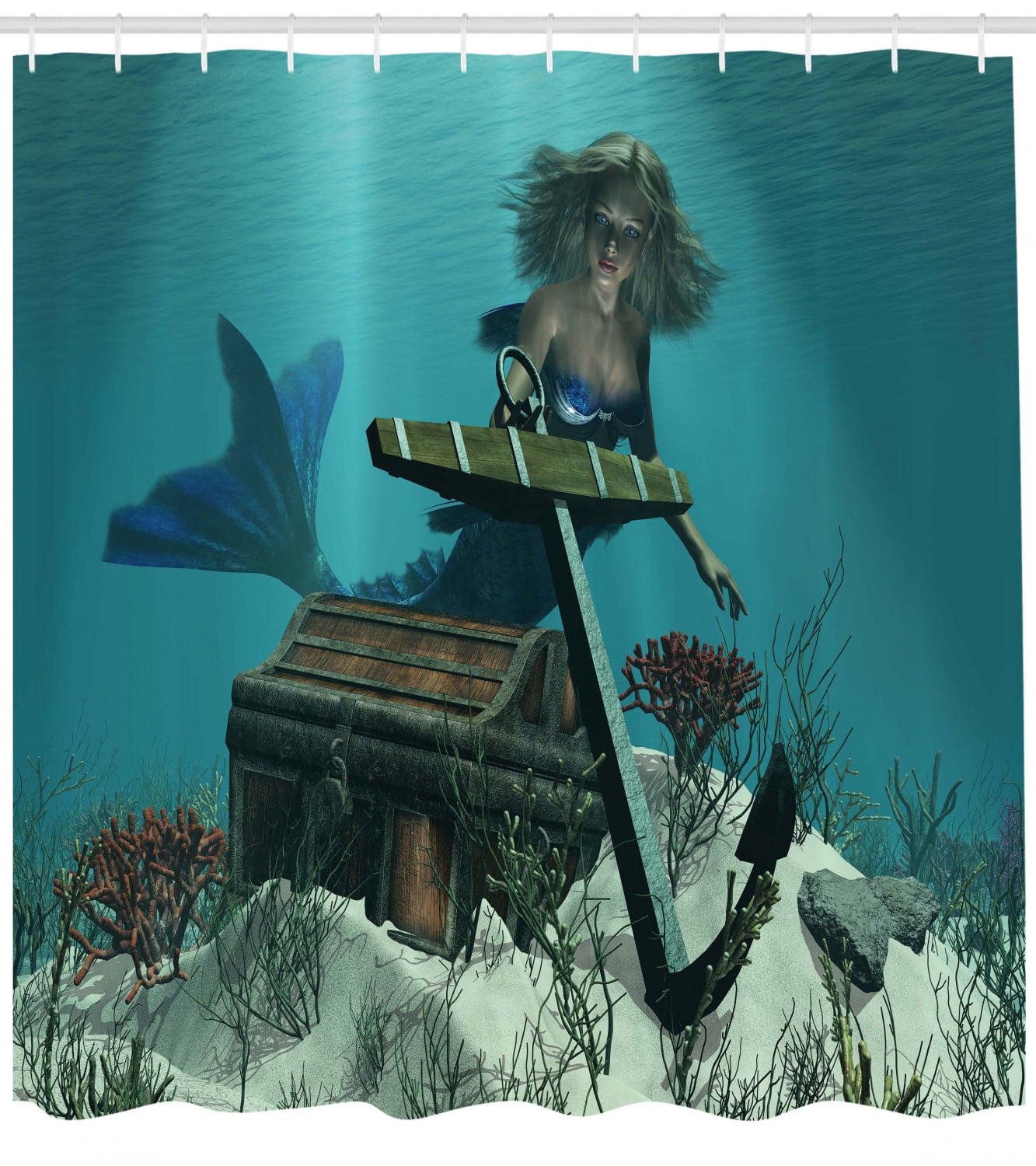 Mermaid Shower Curtain Mermaid In Ocean Sea Discovering Pirate S Treasure Chest Mythical Art Print Fabric Bathroom Set With Hooks Azure Brown Cream By Ambesonne Walmart Com Walmart Com