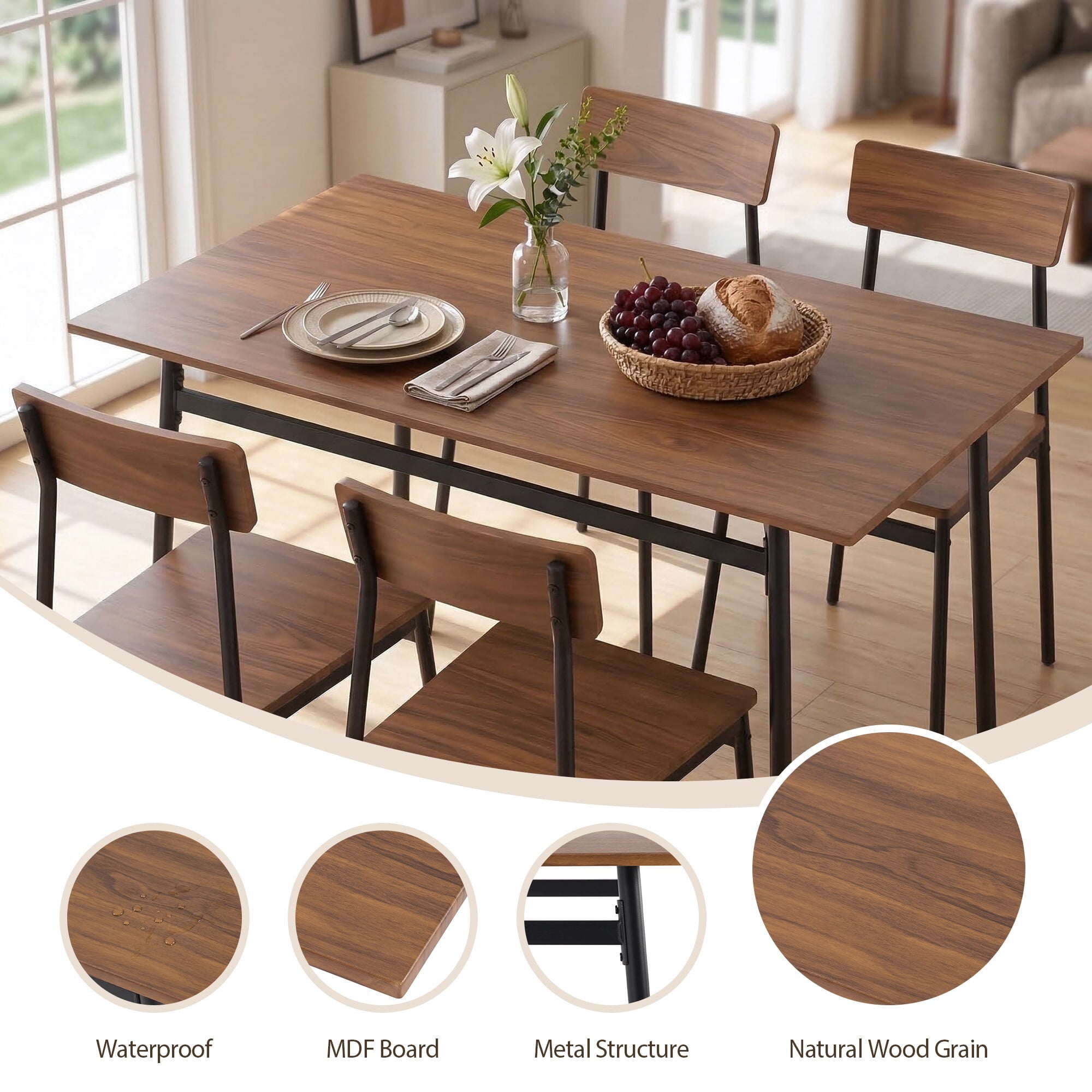 AENKYO 5-Piece Dining Table Set for 4, Walnut Wood Top Kitchen Table with 4 Chairs, Space Saving for Small Spaces