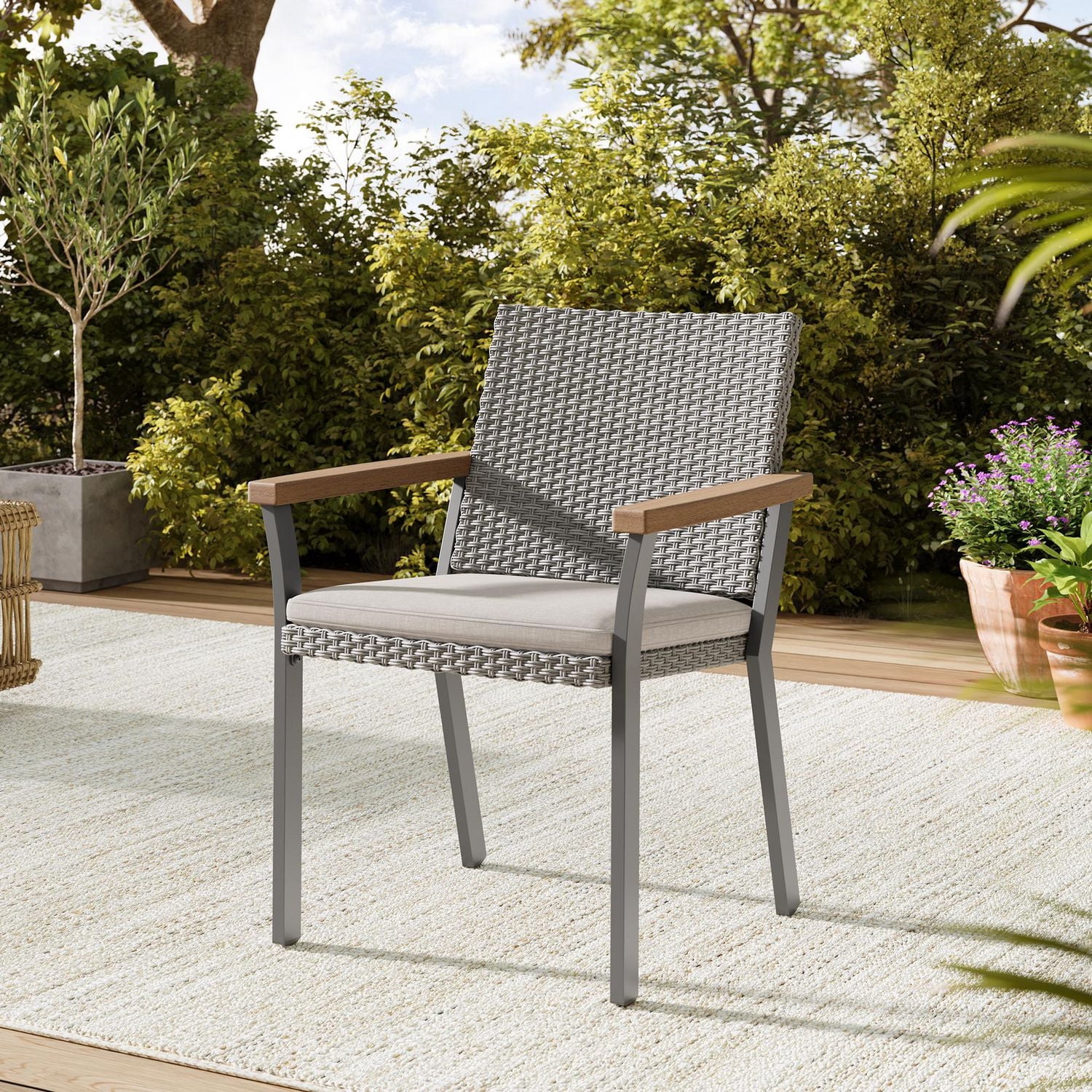 SONGMICS HOME Sencillo Collection - Dining Chair, Armchair, Patio Chair, with Faux Wood Armrests, Synthetic PE Rattan, Gray and Beige