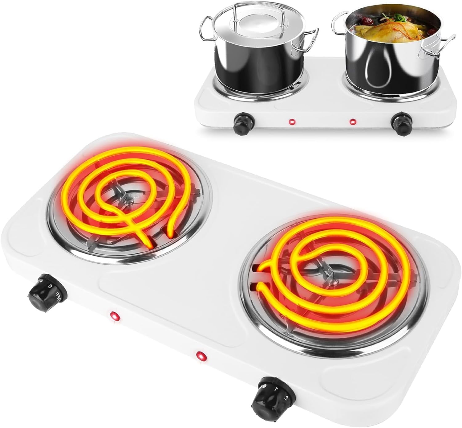 Hot Plate, 2000W Portable Electric Stove for Cooking with 5 Levels  Adjustable Temperature \u0026 Dual Control, Countertop Double Coil Burner Cast  Iron Cooktop for All Cookwares Home Camp RV (White) - Walmart.com, image size:1500x1388