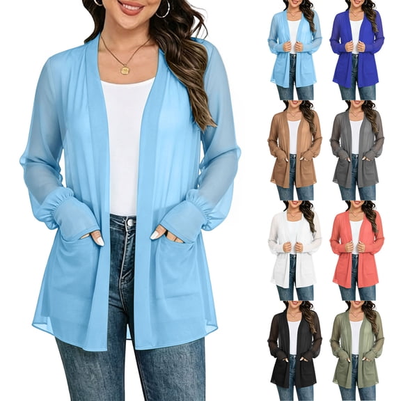 VBVC Women's Sheer Chiffon Long Sleeve Cardigan , Lightweight Cover Up For Women,Ladies' Open Front Top with Pockets,Black,S-3XL