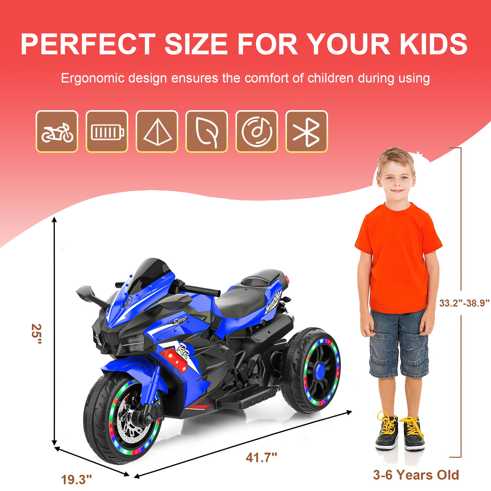 Werseon 12 Volts Kids Motorcycle, Electric Ride On Toy for Ages 3-6, 3-Wheels Lights, Sounds, Bluetooth Speaker, Blue