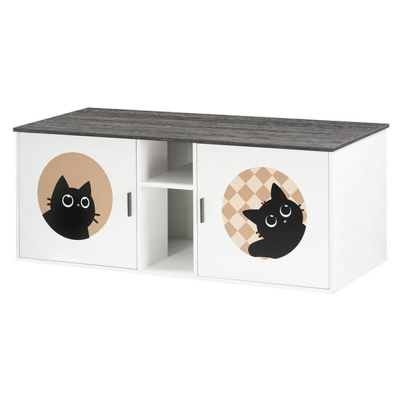 HOOBRO Double Cat Litter Box Enclosure with Middle Storage Shelf, Dual Hidden Litter Box Furniture, Unique Patterned Litter Box Cabinet, White and Charcoal Gray BW25MW01