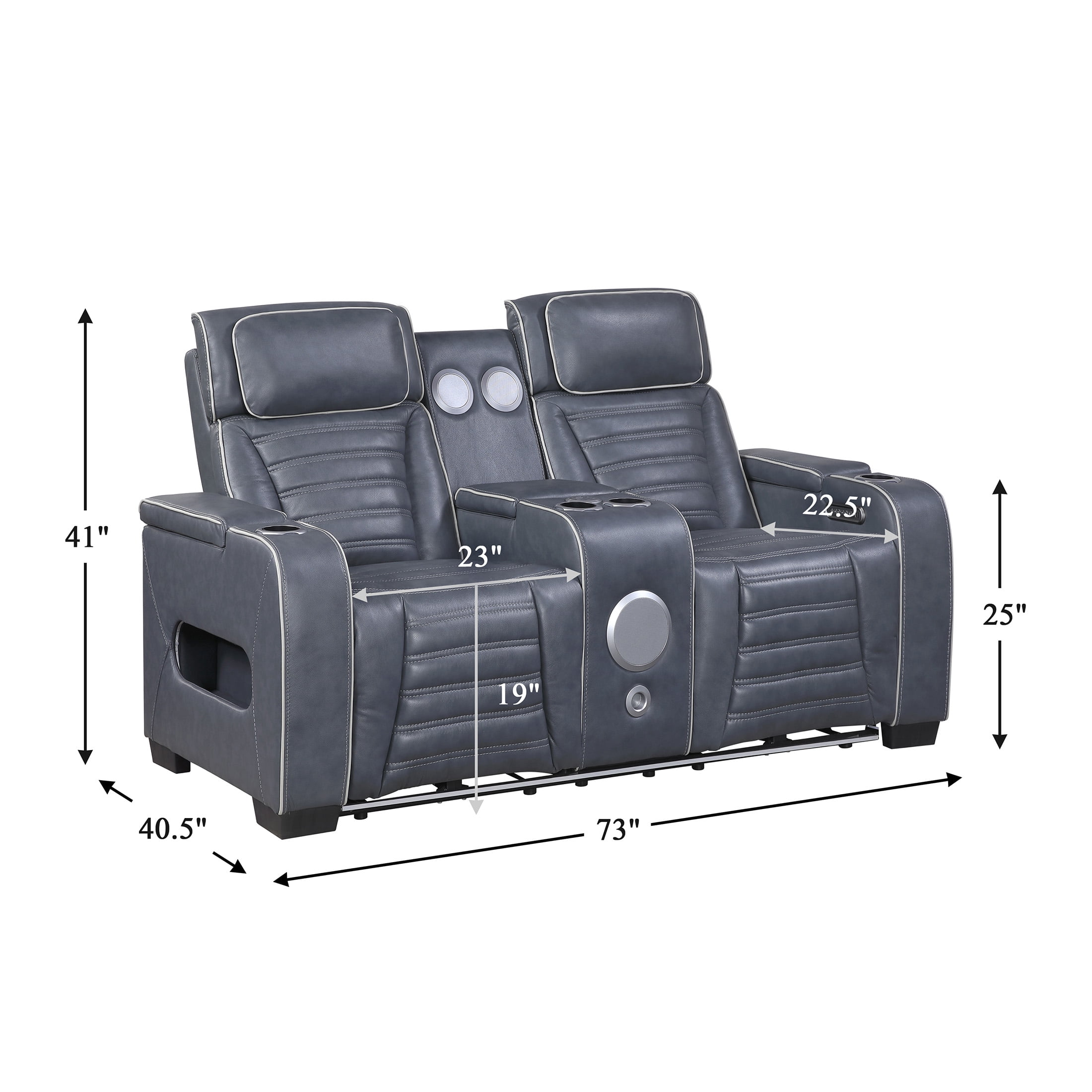 OakvillePark Elantra Leather Match Power Double Reclining Love Seat with Center Console/Power Headrests/Storage Arms/Cup Holders/Wireless speakers/Air Massage/Heat/LED Lighting/Charging Ports, Blue