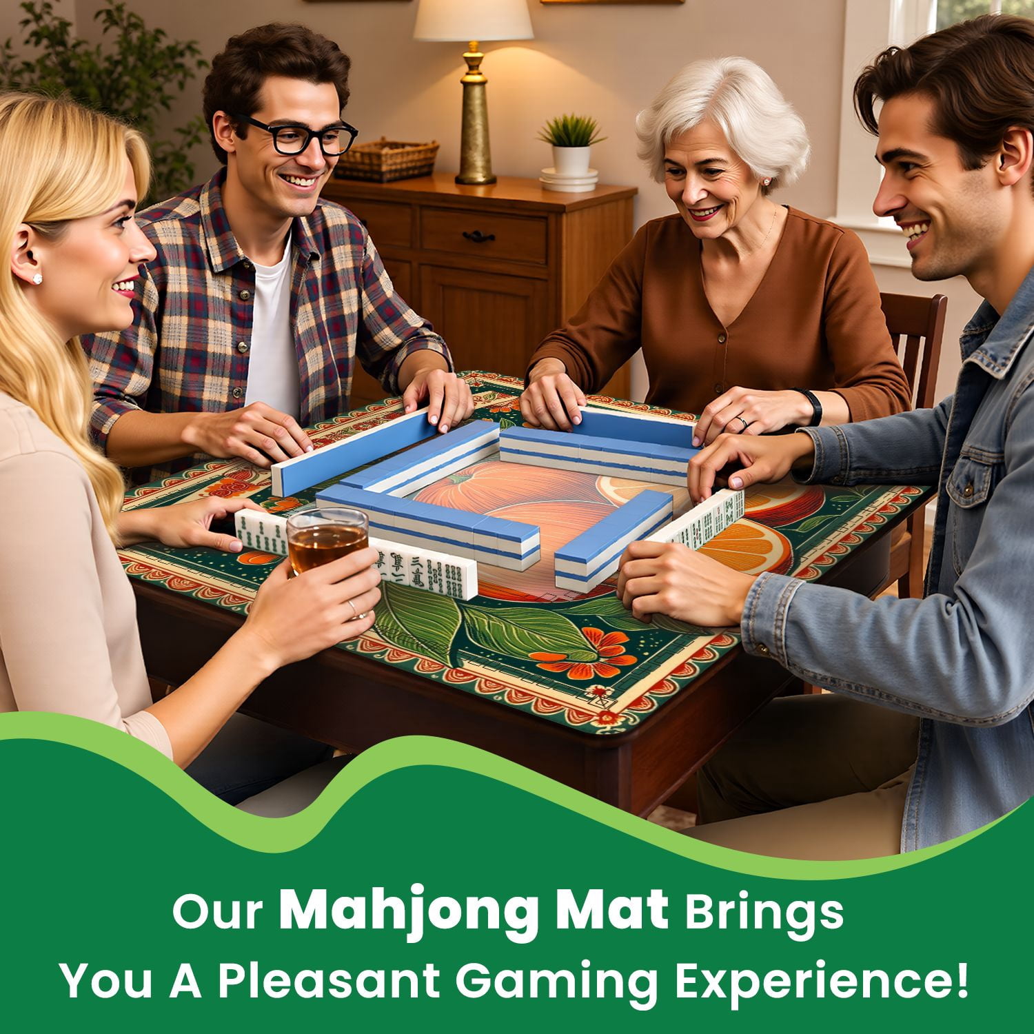 Mahjong Mat 31.5" x 31.5" Vintage Orange Fruit Leaves Flowers Retro Botanical Style Non-Slip Noise Reduction American Mahjong Tiles Table Cover for Dominoes Poker Card Board Games Gift