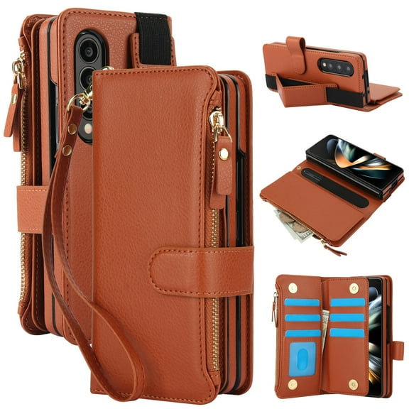 for Samsung Galaxy Z Fold 4 Wallet Case with S Pen Holder, Magnetic Closure with RFID Blocking ID Card Slots Zipper Purse PU Leather Flip Kickstand Lanyard Phone Case,Brown