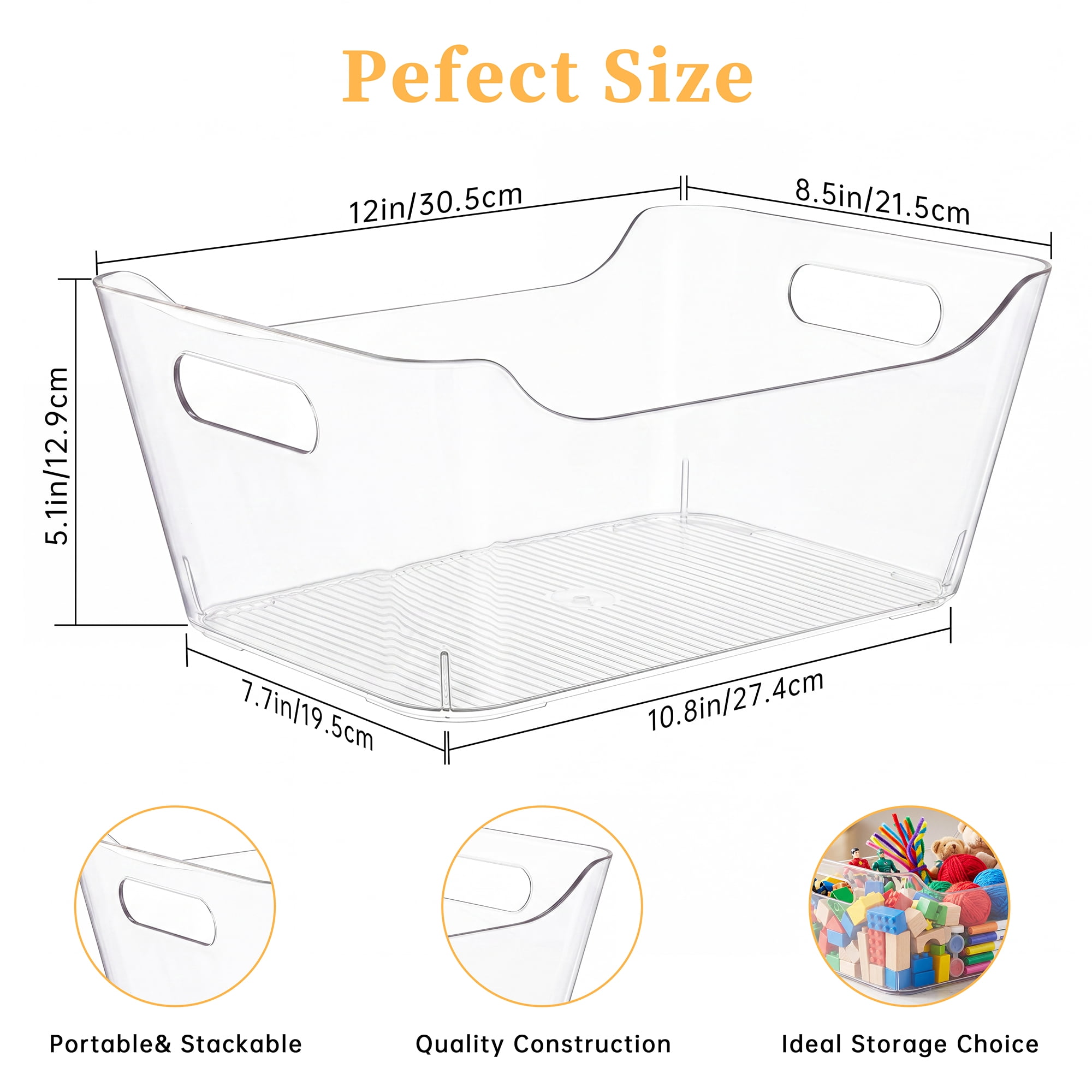 4 Pack Storage Organizer Bins, Large Plastic Cabinet Organizer with Handle, Clear  Storage Containers for Bathroom,Office,Kitchen,Fridge,Closet,Pantry (12"x 8.5"x 5.1")