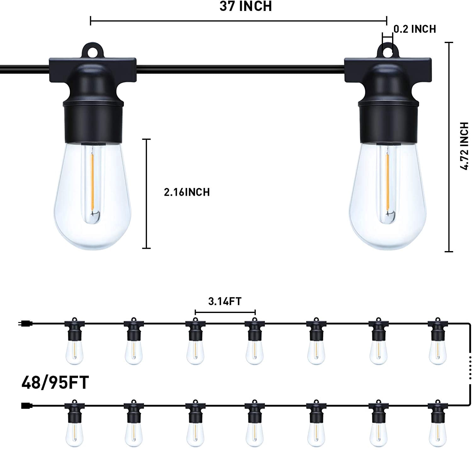LED Outdoor String Lights 96ft Patio Lights with 31 Bulbs(1 Spare) 2700K Shatterproof Waterproof Plastic Bulbs UL Listed