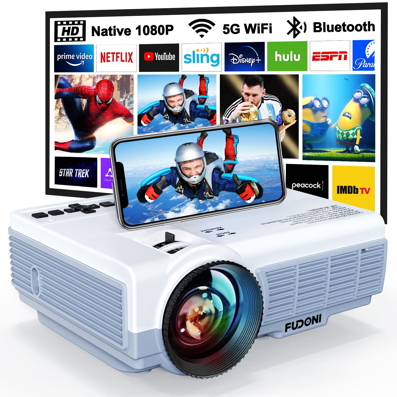 Mini Portable Movie Projector with Bluetooth 5.1, Projector with 5G WiFi , Support 1080P Mini Projector for Outdoor 11000 Lumen Movie Projector