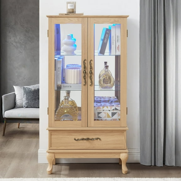 HIUU 51.5" Lighted Display Cabinet with Glass Doors, 3-Tier Farmhouse Curio Display Cabinet with Adjustable Shelves for Dining Room,RGB LED Lights Included,Light Oak