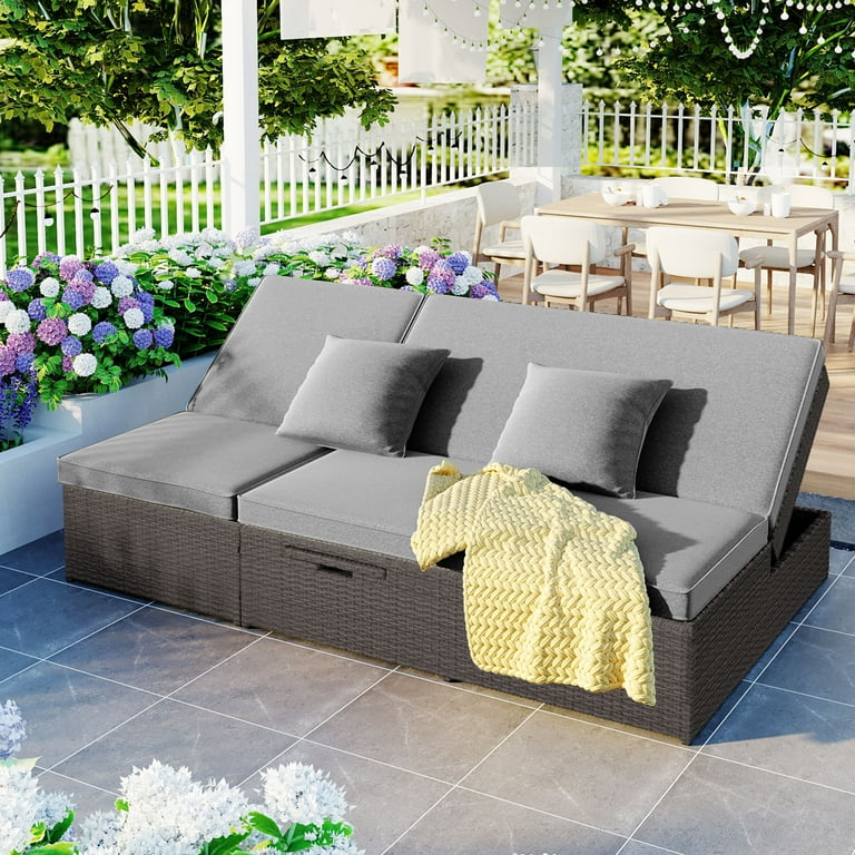 Outdoor Double Sunbed Daybed Wicker Rattan Patio Reclining Chairs Conversational Set for 2 Gray Walmart