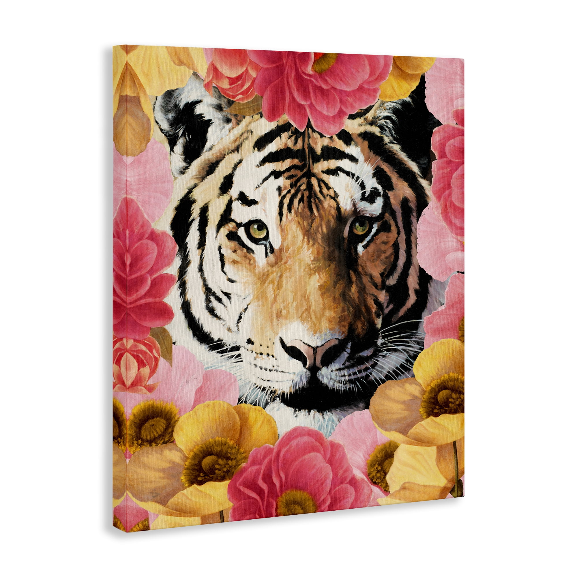 Stupell Industries Tiger on Dahlia Florals Animals Painting Wrapped Canvas Art Print Wall Art, 24 x 30