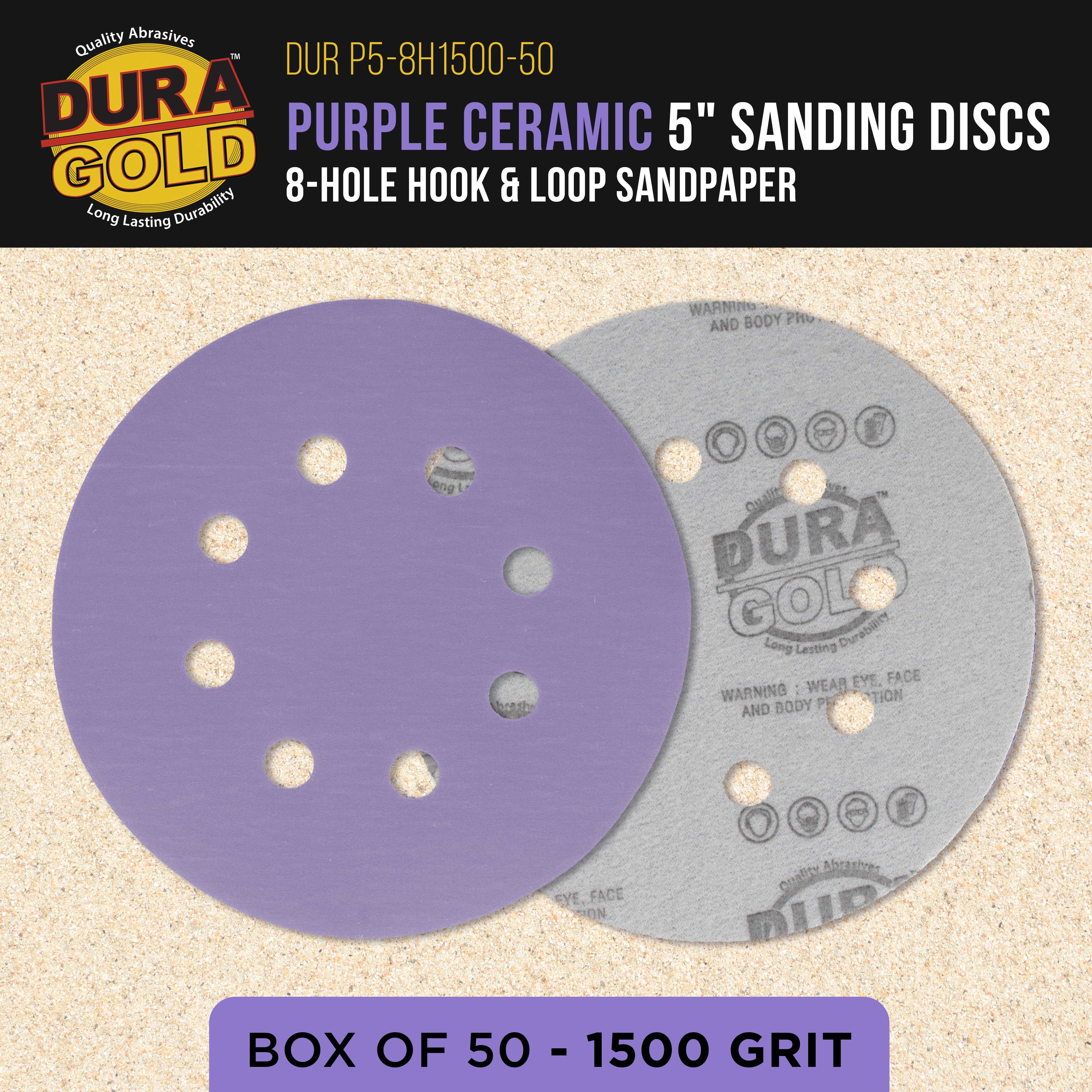Dura-Gold 1500 Grit 5" Purple Film Ceramic Sanding Discs, 8-Hole Pattern, Box of 50 - Dustless Hook & Loop Backing Sandpaper for DA & Random Orbital Sanders - Detail Color Sand Auto Paint Wood