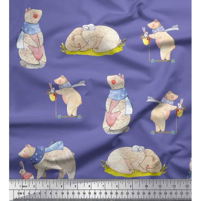Soimoi Cotton Cambric Fabric Cycle,Rabbit & Bear Kids Decor Fabric Printed Yard 56 Inch Wide