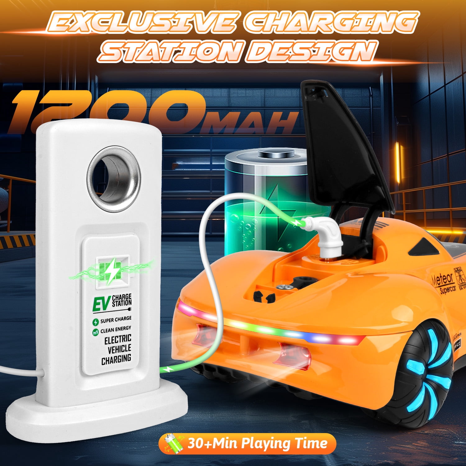 Huge Wave RC Cars for Aged 4-12 Boys , Rechargeable Remote Control Stunt Car, 360° Rotate, Cool Light & Dual Spray, Christmas Birthday Toy Gifts for Kids, Orange