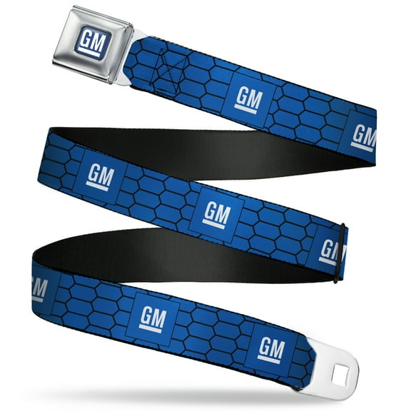 GM General Motors Belt, Seatbelt Buckle Belt, GM Bug Logo Honeycomb Grill Blue Black White, 24 to 38 Inches
