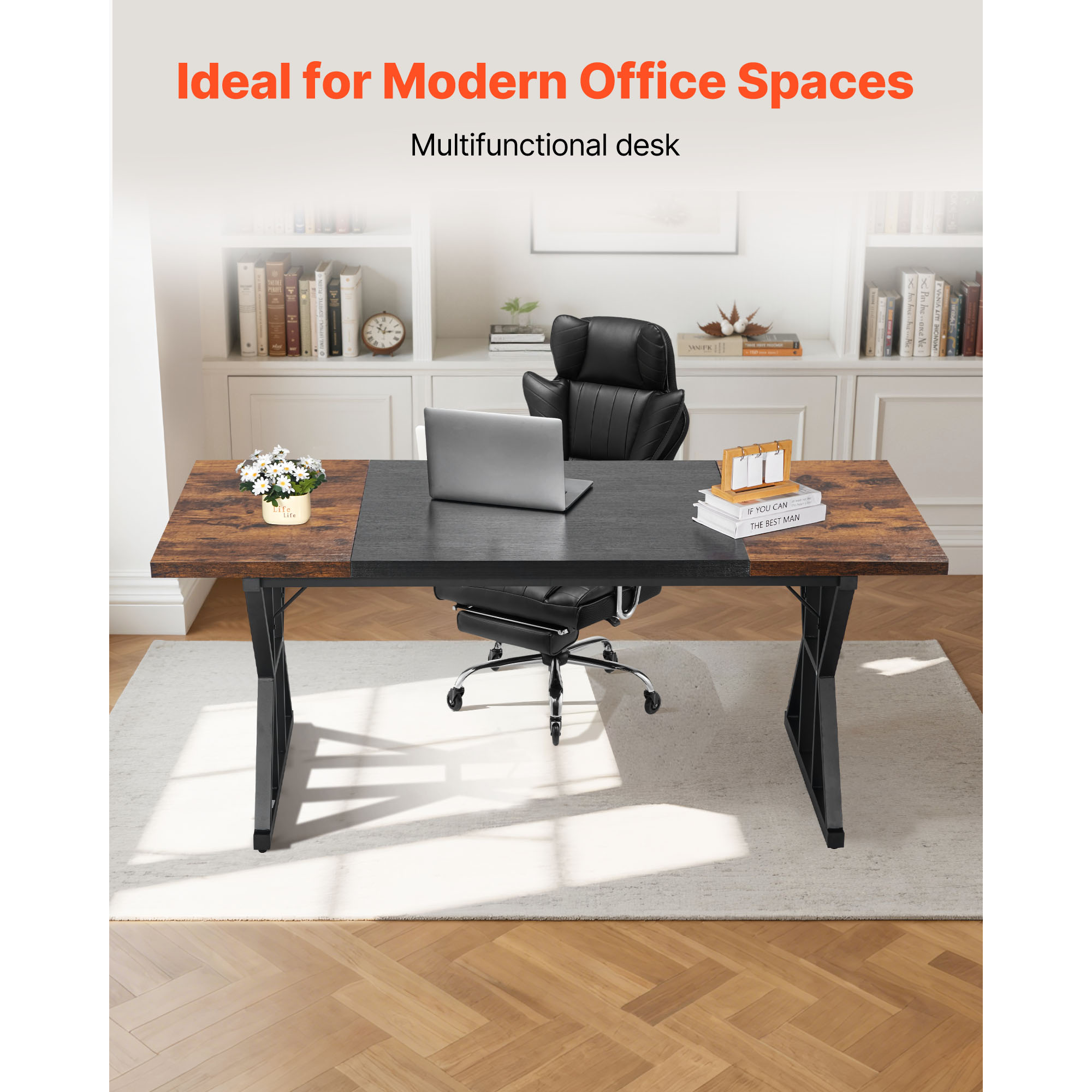 KFFKFF Executive Desk 70.9 x 31.5 inch, Spacious Computer Desk Workstation for Home Office, Modern Minimalist Wood Laptop Study Table with Metal Frame, Rustic Brown and Black Finish