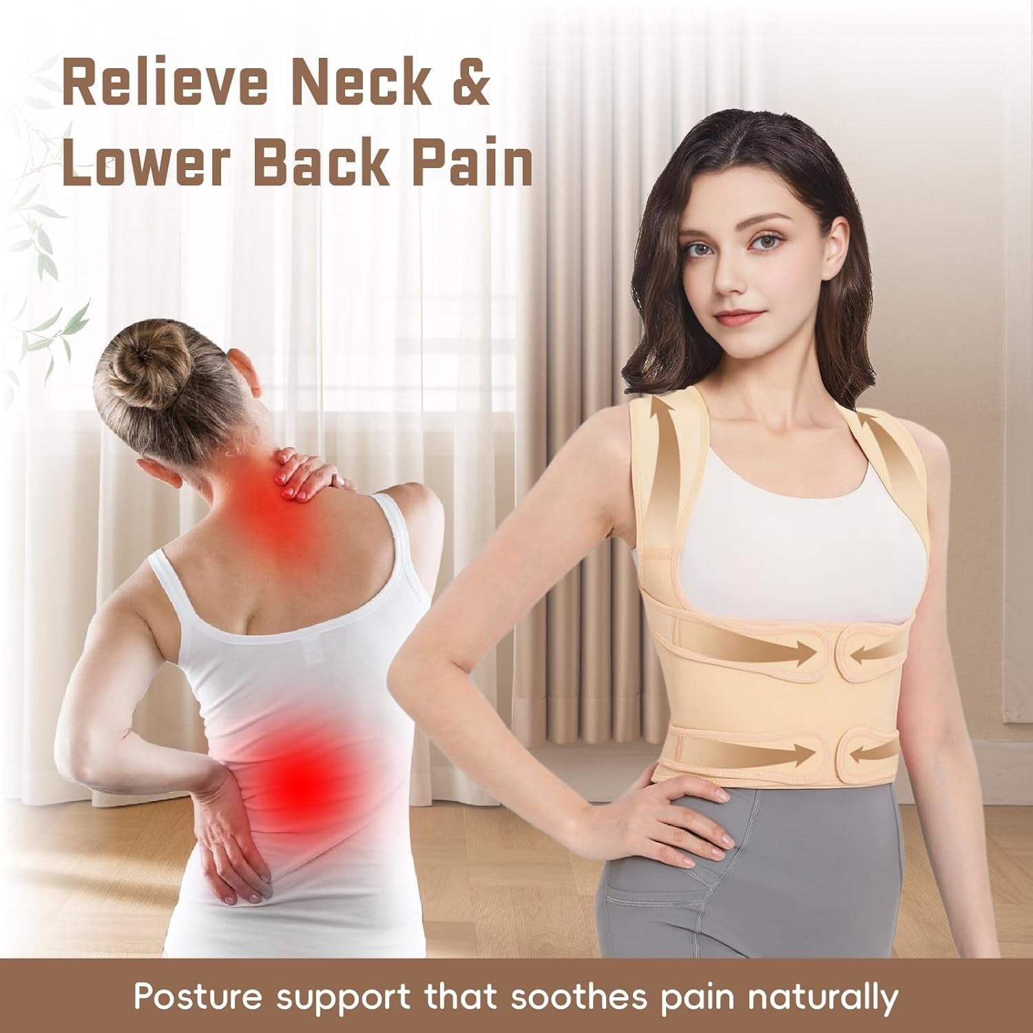Back Brace Posture Corrector, Shoulder Straightener, Adjustable Full Back Support for Women and Men, Upper and Lower Back Pain Relief - Scoliosis, Spine Corrector, Beige - Medium