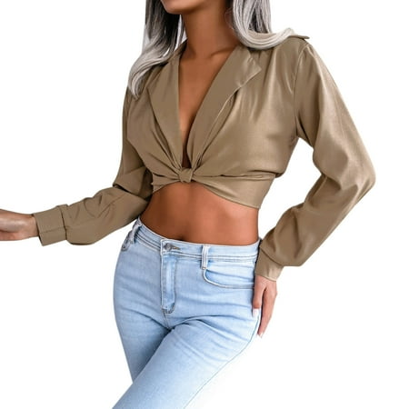 

Qufokar Blue Maternity Dresses for Fall Tight Silk Wrap Romper Women Ladies Suit Neck Elegant Cropped Top Knot Solid Color Cropped Navel Shirt Long Sleeves Slim Top Shirt