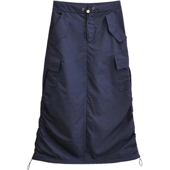SURJDE 2023 Jupe Mi-Longue Femme Taille Haute Ajustée Ajustée Décontractée à Cordon Latéral Plissée Jupe de Travail Demi-Jupe Fendue Jupe MIDI Trapèze