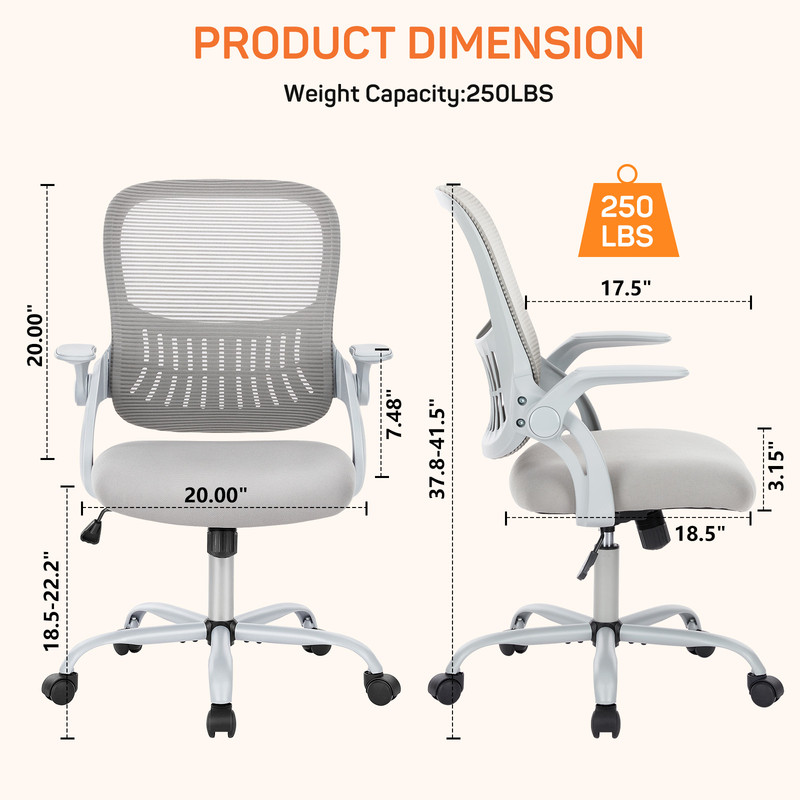 Office Desk Chair, Ergonomic Mid-Back Mesh Chair with Wheels, Comfy Lumbar Support with Flip-up Arms for Home office, Gaming, Study, Gray