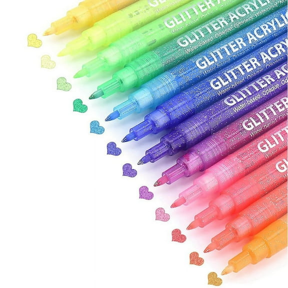 Glitter Paint Pens, 12 Colors Self-Outline Metallic Markers, Fine Point Tip Water-Based Ink DIY Crafts Greeting Cards