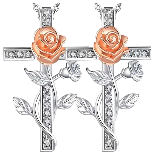 Collares Catolicos RoseGrace02 2Pzas Plata Collar Cruz/Rosa Dije 2x3cm Metal. High Monaco MXRGC-002