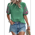 thumbnail image 2 of Blusas con Textura y Bordado Floral para Mujer, Cuello Redondo, Corta Abullonada, Informales, Holgadas, Lisas, Bordadas, Verde, XXL, 2 of 10