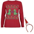 thumbnail image 1 of Tree Rex T Rex Ugly Christmas Sweater Womens Long Sleeve T Shirt with Santa Party Hat Headband, 1 of 4