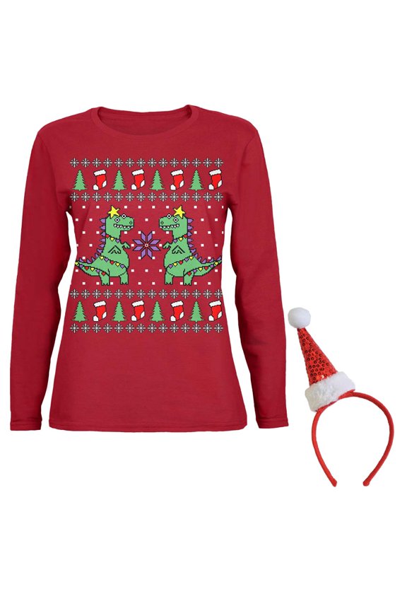 Tree Rex T Rex Ugly Christmas Sweater Womens Long Sleeve T Shirt with Santa Party Hat Headband