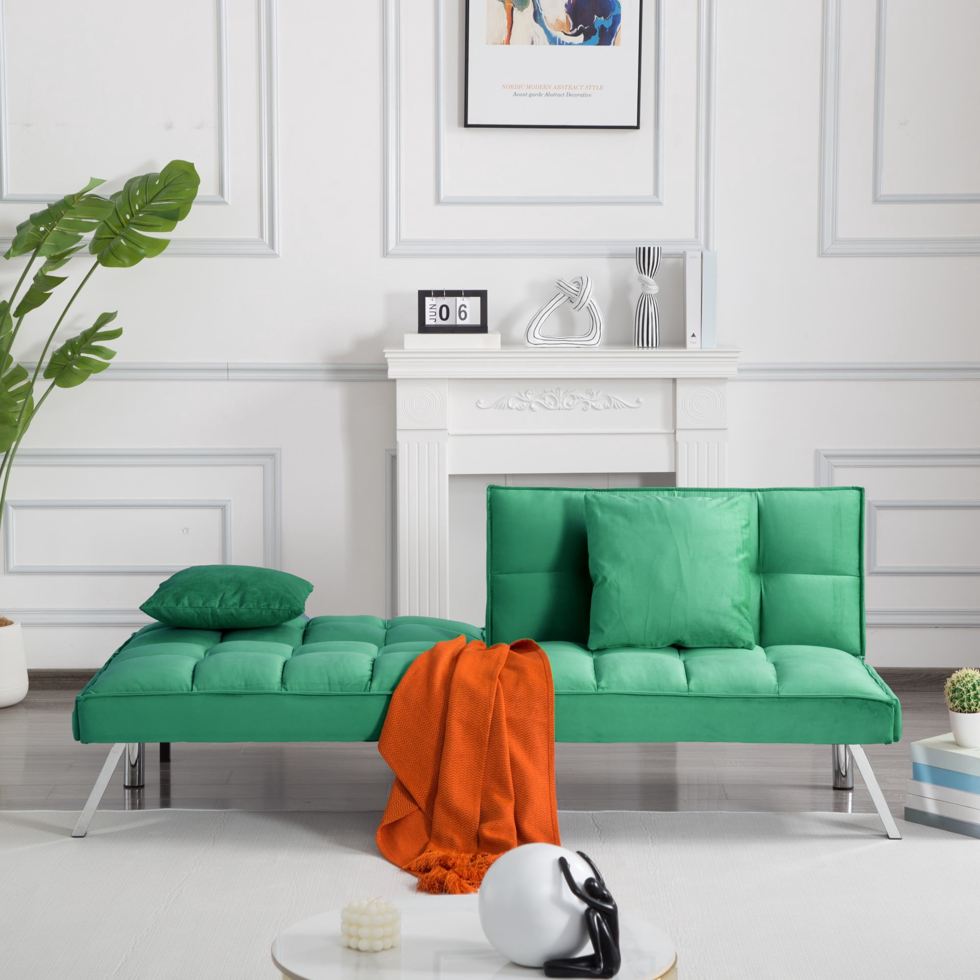Gewnee Green 67.7” Twin Convertible Sleeper Sofa, Velvet Tufted Split-Back with 2 Toss Pillows for Home Office