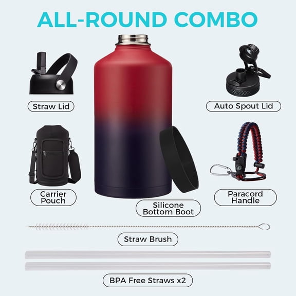 1 Gallon Insulated Stainless Steel Water Bottle with Paracord Handle, Auto Spout Lid, and Straw Lid