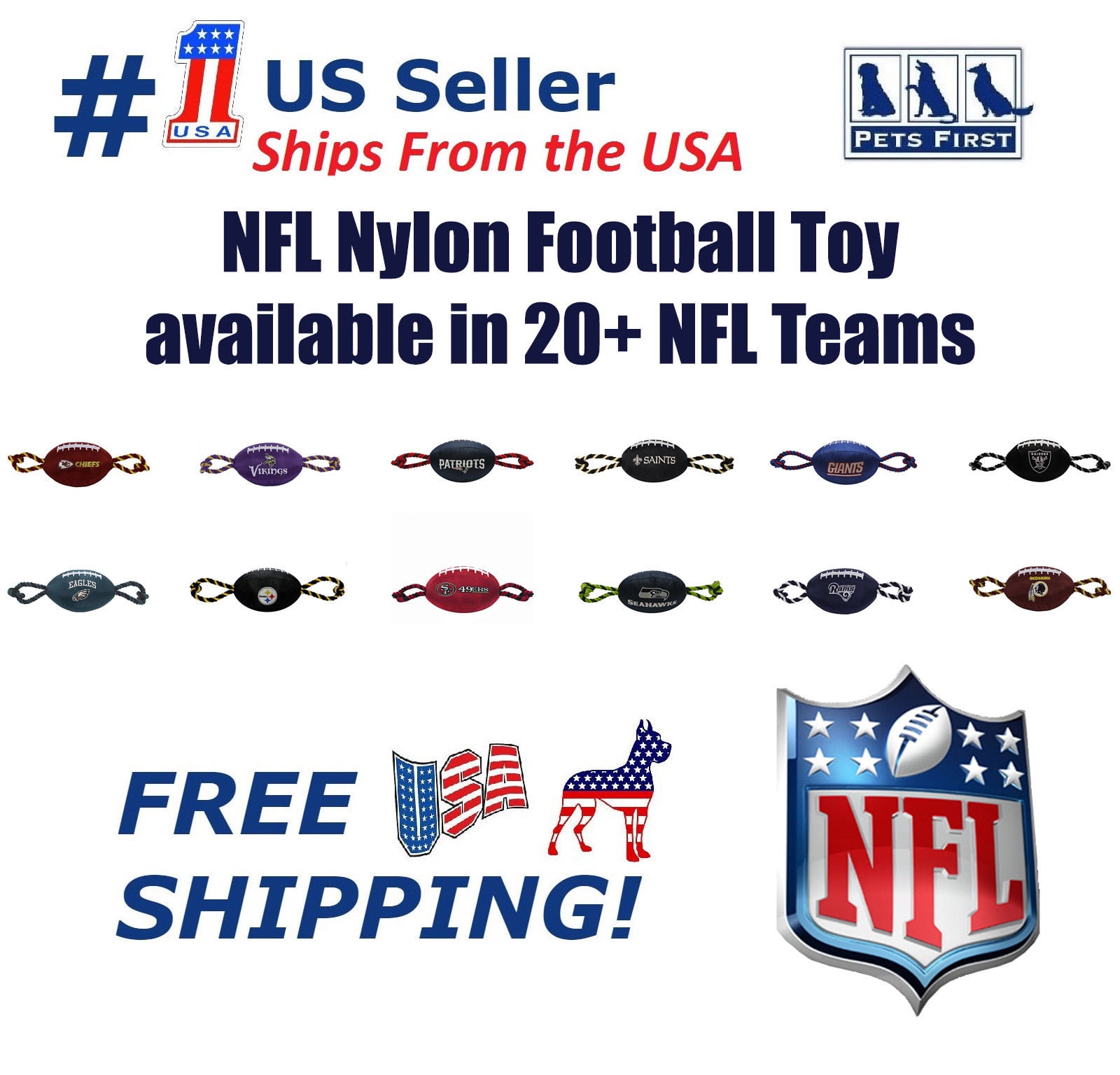 Pets First NFL Los Angeles Chargers Strong, Durable, Chewable Pet Dog Football Toy with inner SQUEAKER & Side Ropes. Available in 32 NFL TEAMS. - Officialy Licensed