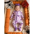 thumbnail image 5 of RUINIXCW Newborn Baby Girl Halloween Outfit Fall Winter Clothes Footed Romper Funny Ghost Pumpkin Print Long Sleeve Zip Up Footie Jumpsuit with Headband, 5 of 9