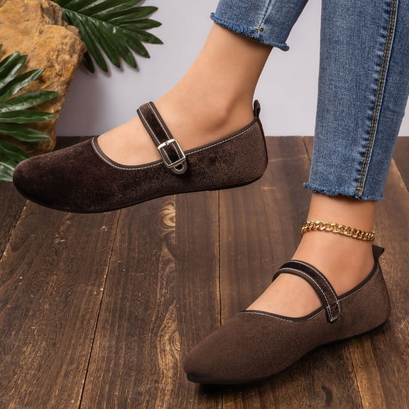 Domuza Women's Velvet Mary Jane Flats, Adjustable Buckle Strap Comfortable Casual Shoes for Daily Wear Coffee 7.5(EU-39)