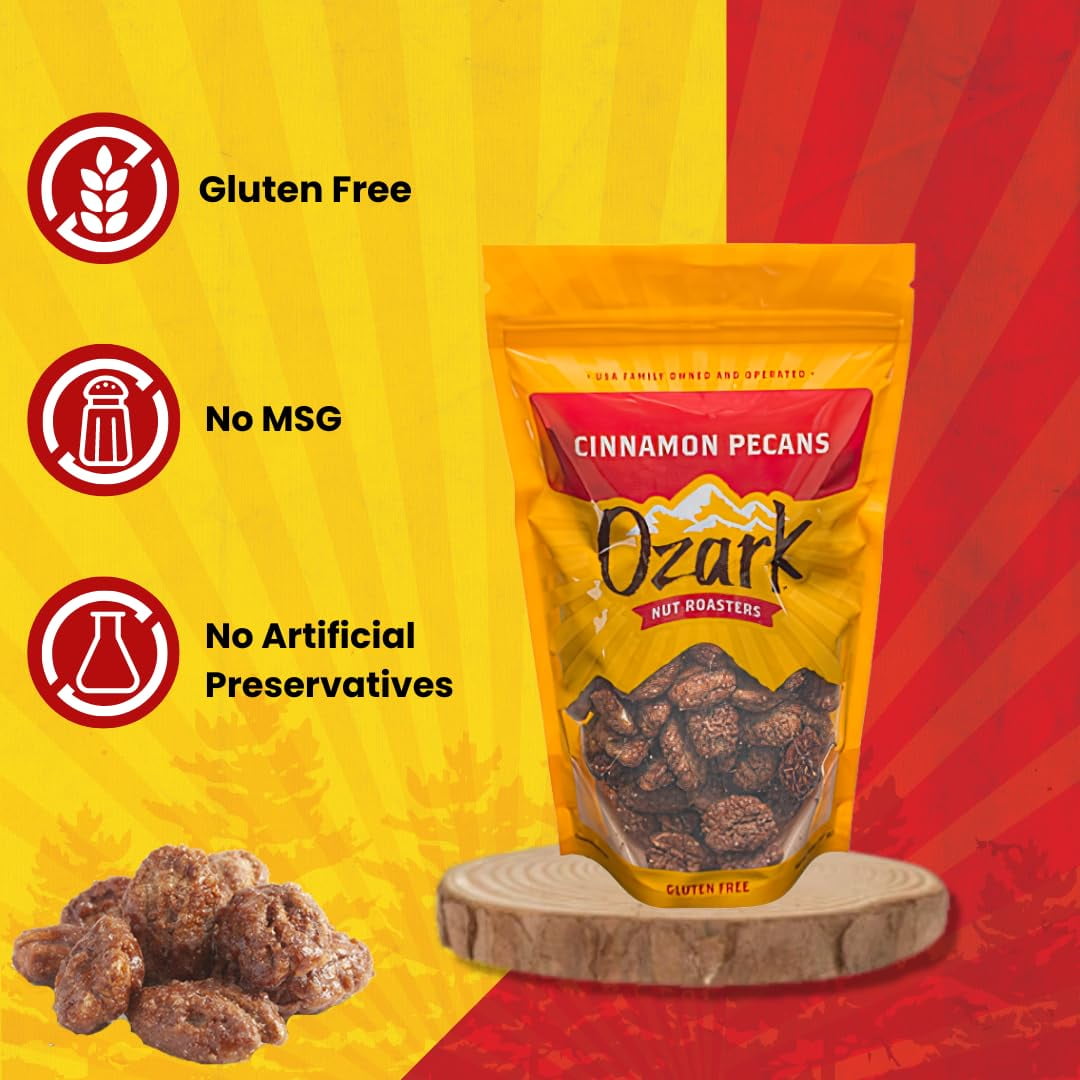 OZARK NUT ROASTERS, Cinnamon-coated Pecans, Flavored Snack Nuts with Cinnamon Spice, World-Class Gourmet Candied Peanuts in Resealable Pack (14 oz)