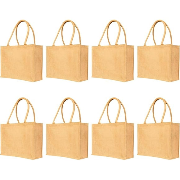 Jucobee | 8 Pack Burlap Tote Gift Bags Jute Bags with Handles Bridesmaid Tote Bag Reusable Canvas Burlap Beach Bags Bulk for Wedding Travel DIY Craft Handbags, 12H x 15L x 6W
