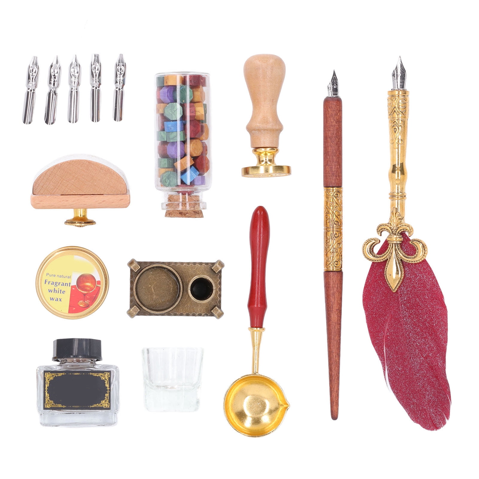 Rupoun Quill Pen and Ink Set Vintage Elegant Glossy Writing Feather Pen Wax Seal Stamp Set Wine Red (11.42 inches / 29 cm)