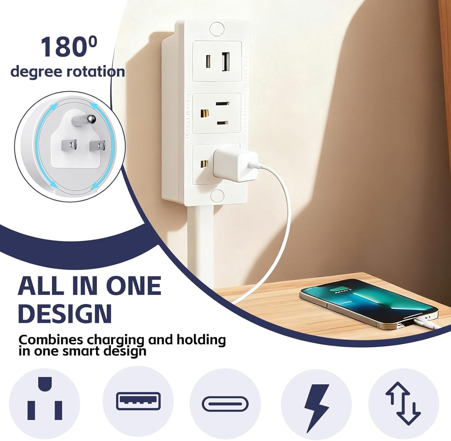 Electrical Outlet Extender Stick,180° Rotating Extendable Wall Outlet for Hard to Reach Places,Rotating Plug Power Hub for Bedroom, Living Room, Office