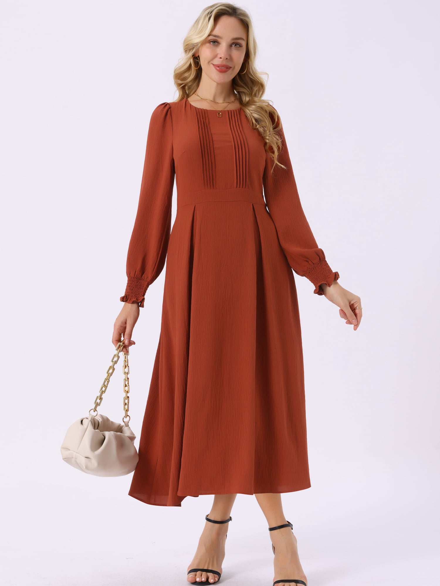 DARING DIVA Frilled Crewneck Long Sleeve Midi Fall Dress M Caramel